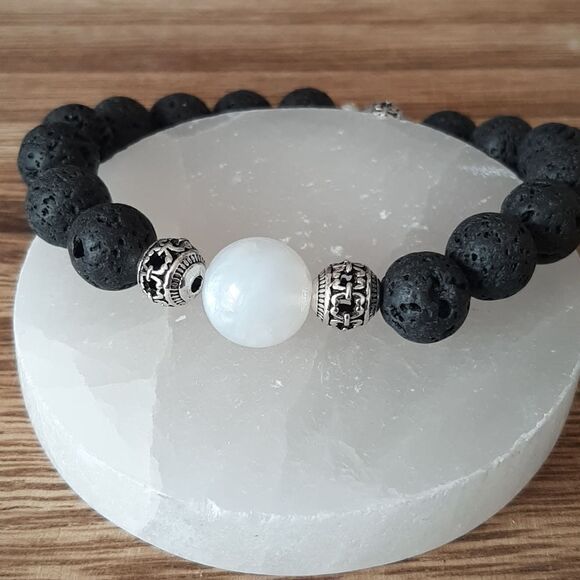 Full Moon Flash Moonstone & Lava Rock Beaded Stretch - Picture 3 of 4